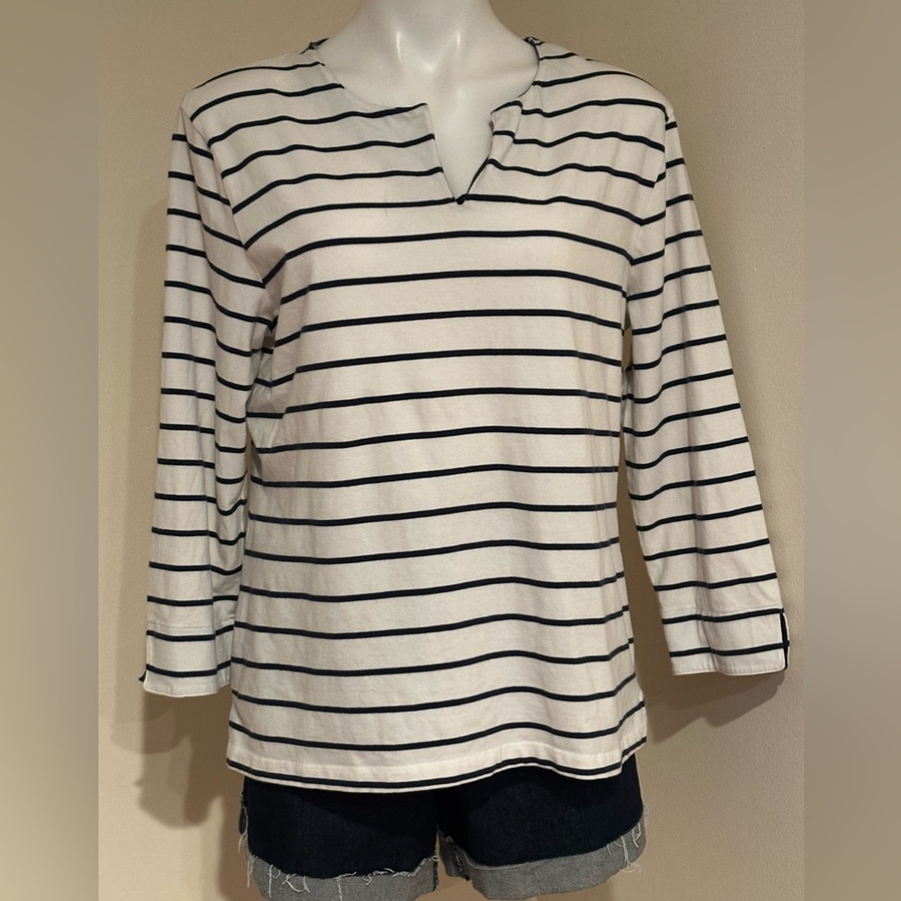 CROFT & BARROW STRETCH  White & Blue Striped Comfy Blouse V Neck Sz XL